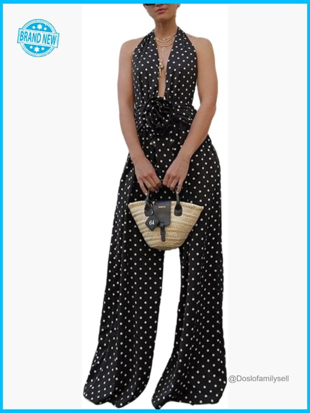 Polka Dot Halter Neck Backless Wide Leg Jumpsuit Sleeveless Sexy Party Outfit